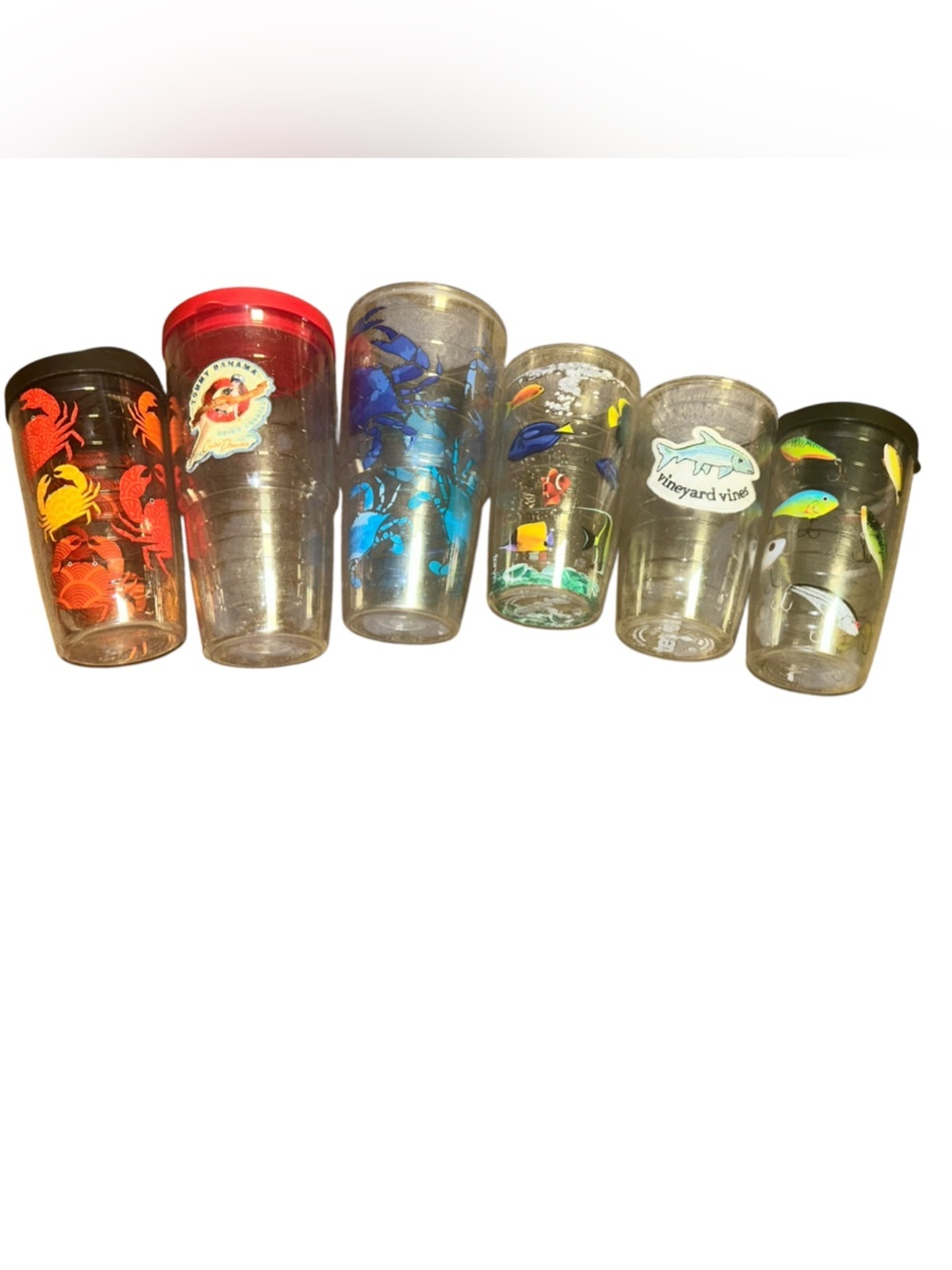 6 Tervis tommy bahama, crabs , fish , fishing lures vineyard vines tumblers
